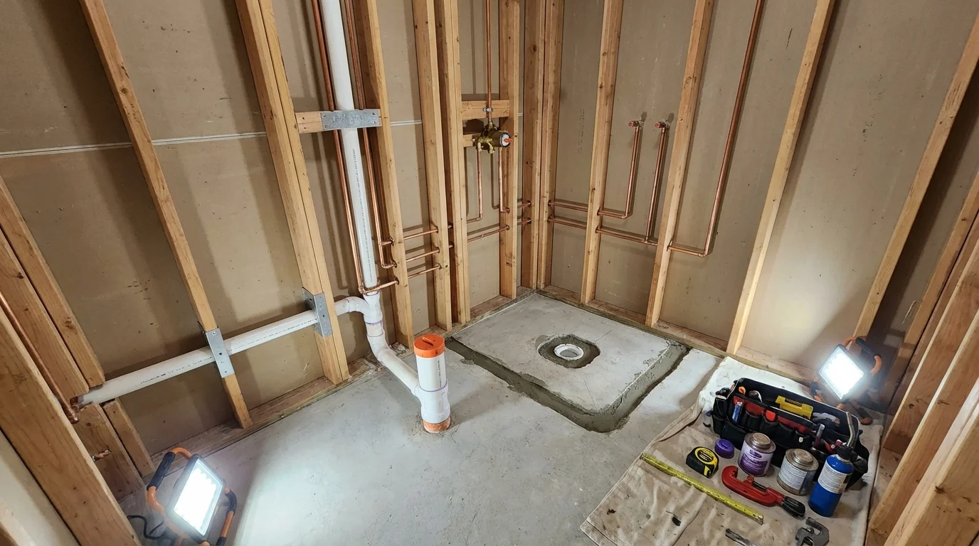 Bathroom rough-in plumbing during remodel by Johns Plumbing LLC in Gulfport