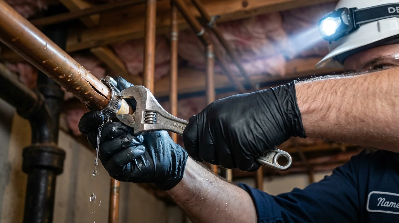Emergency pipe clamp repair being performed by a Johns Plumbing LLC plumber in Gulfport