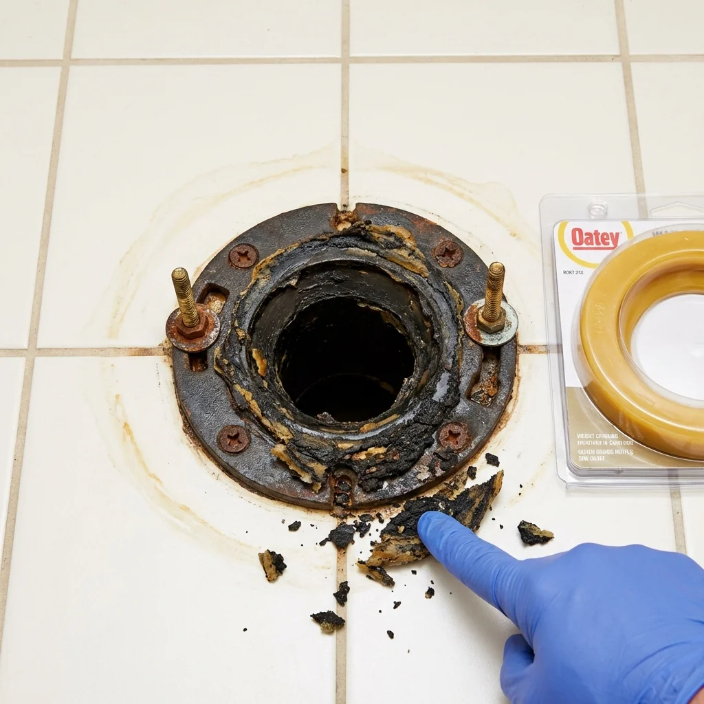Failed wax ring showing water seepage at the base of a toilet in a Gulfport, MS home
