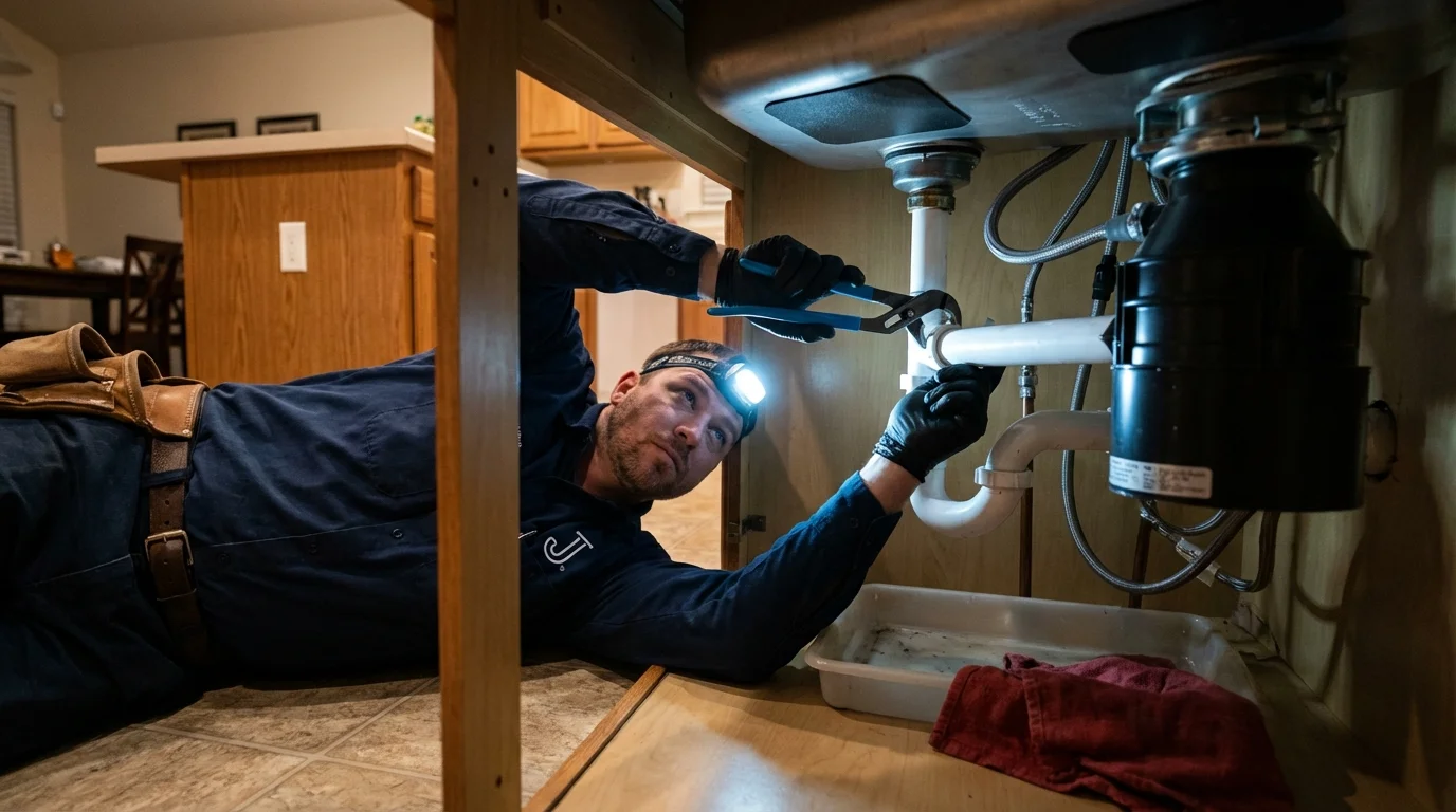 P-trap and supply line connections under a kitchen sink showing a common leak point in Gulfport, MS